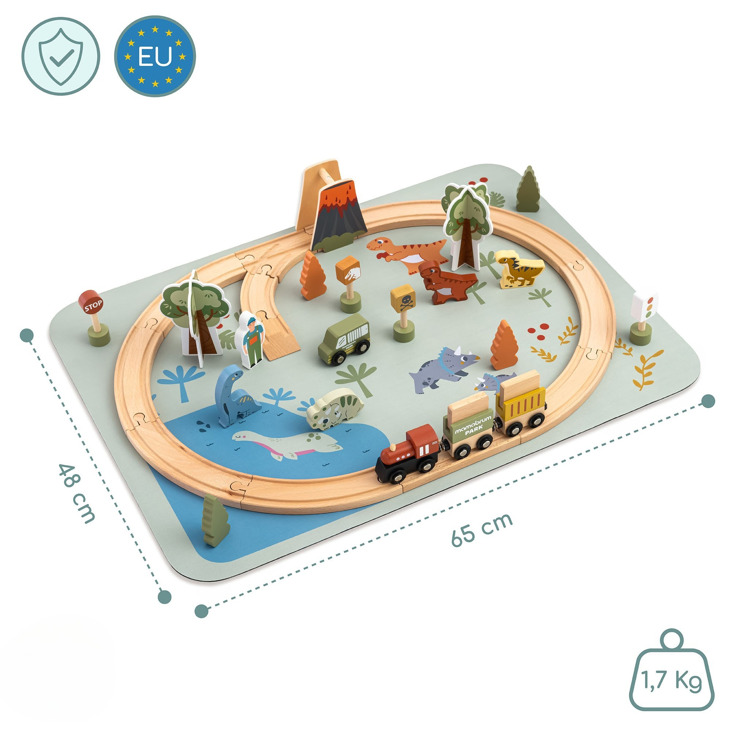 Dino Park fa vonat csúszásgátló szőnyeggel - dinoszauruszok, vonat, sínek, vulkán, harang