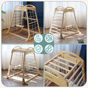 Fedett, fából készült játszótér hintával, tornagyűrűkkel és mászóhálóval