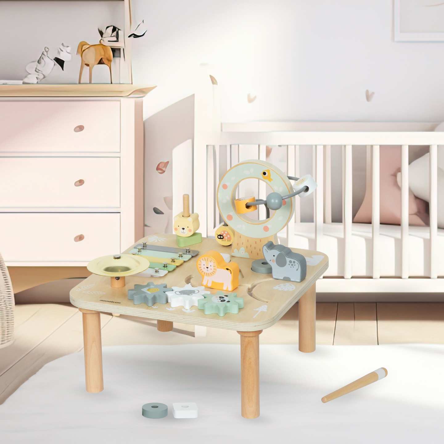 Fából készült oktatási 7 az 1-ben zenei asztal cintányérokkal és gonggal - vad dzsungel