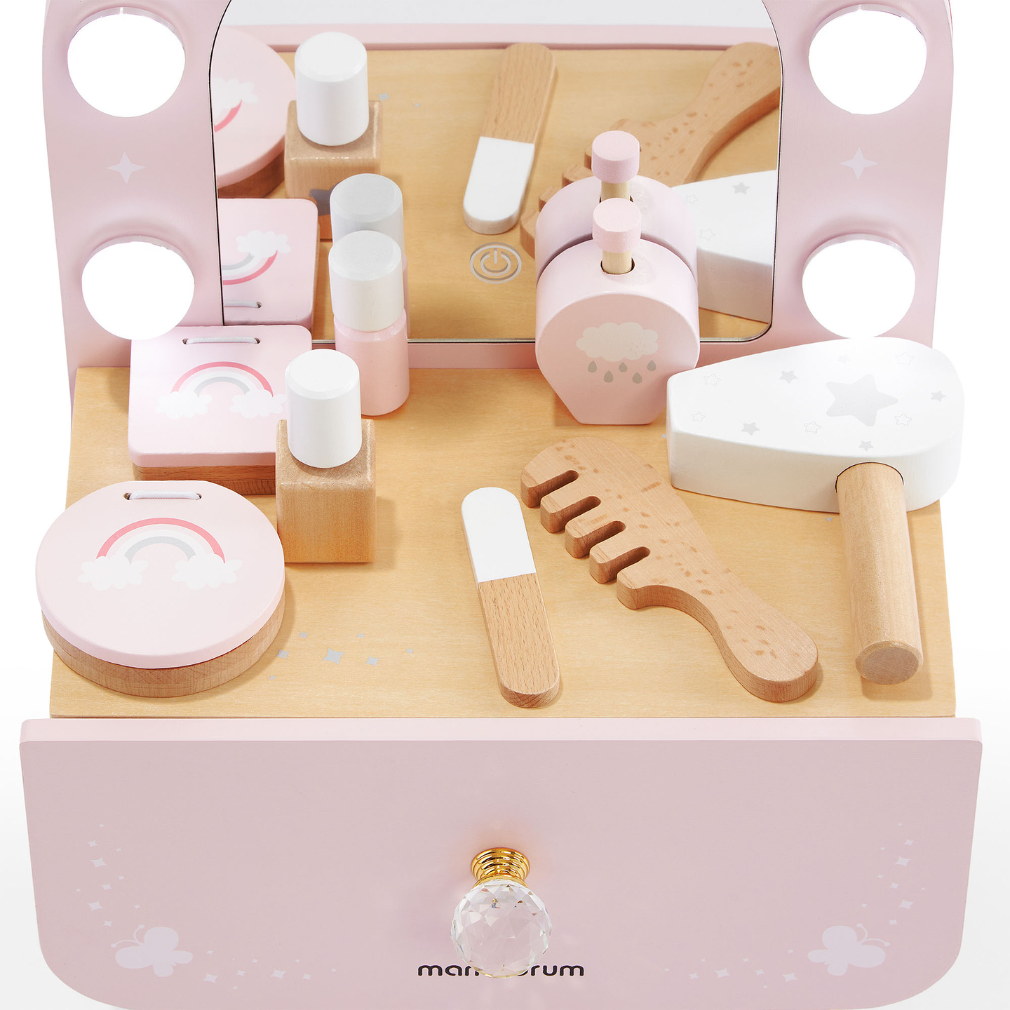 Fa mini fésülködőasztal gyerekeknek kiegészítőkkel és LED világítással, fokozatmentes fényerő-szabályozással