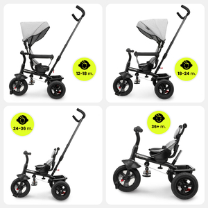 Háromkerekű gyerekeknek 1-4 éves korig - TOBI FREY - szürke színű - forgatható - pumpás kerekek + tolóerő