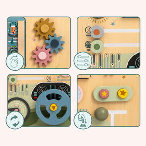 Fa Montessori tábla 2 az 1-ben vezetőfülke a kis sofőrnek és pilótának – kormánykerék, sebességváltó, útitérképek, radar