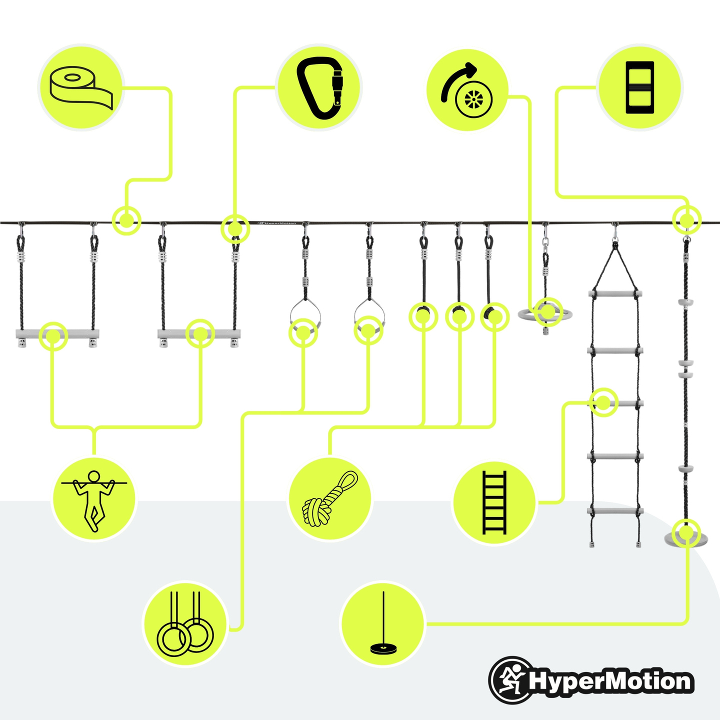 Ninja akadálypálya gyerekeknek - HyperMotion slackline szett - 10 akadály