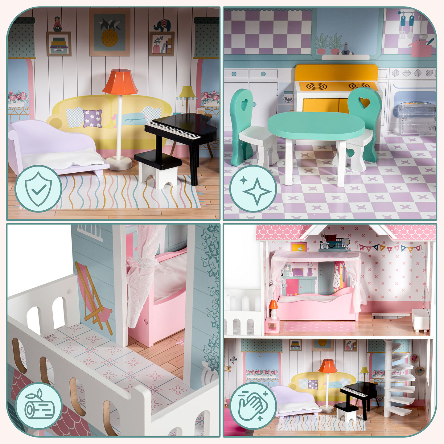 XXL Legnagyobb fából készült babaház - 123 cm - LED világítással - terasz, kiegészítők, kert