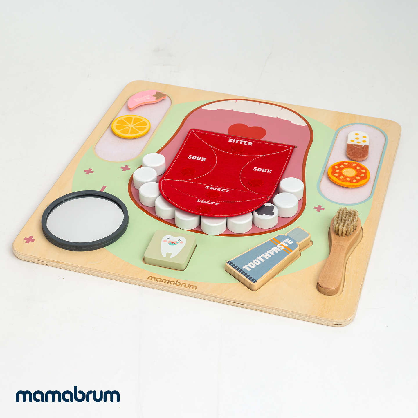 Montessori fa oktatótábla kis fogorvosnak - fogkefe, fogkrém, kivehető fogak, tükör, étel, ízek tanulása