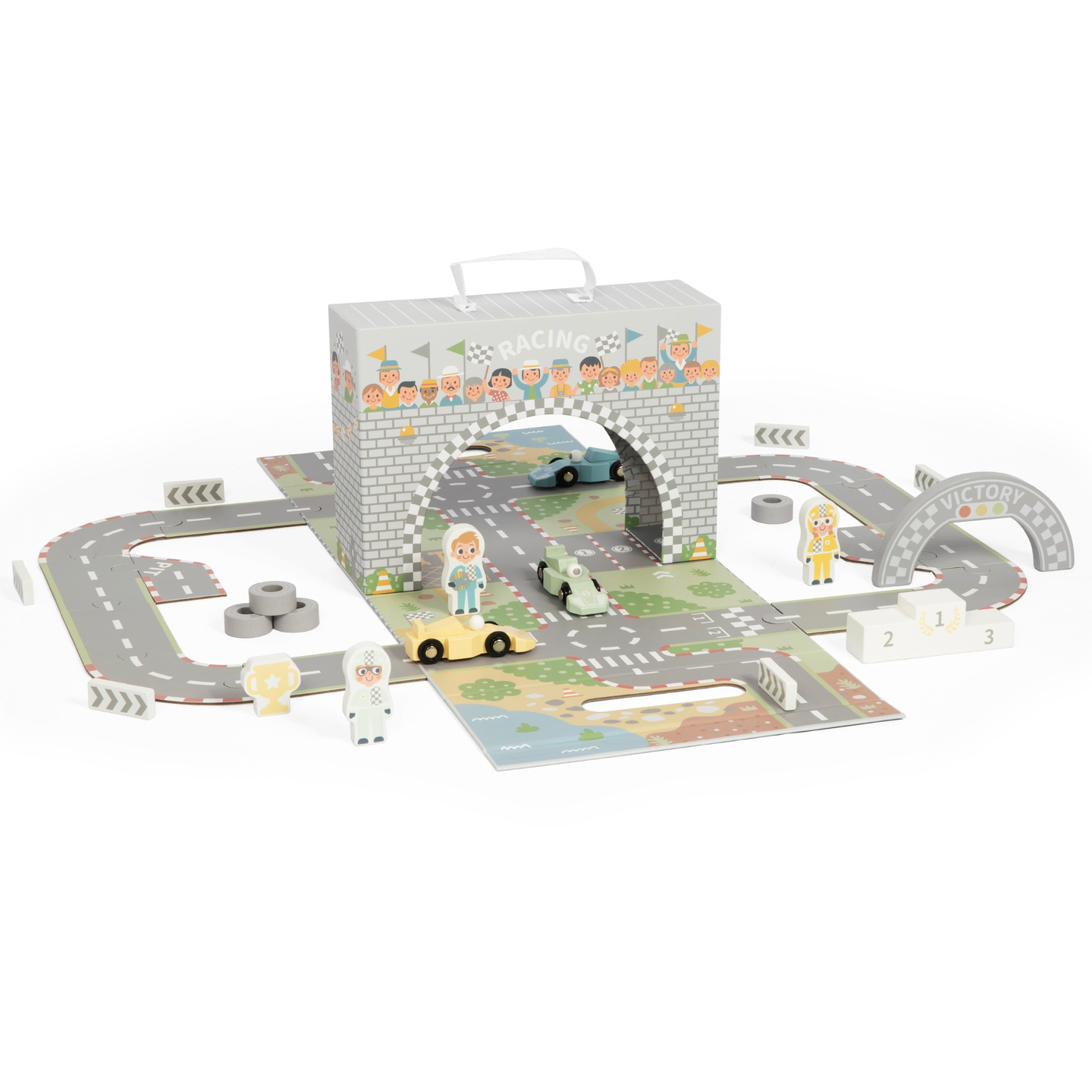 Mágneses bőrönd versenypályával, fából készült járművekkel és úti kiegészítőkkel