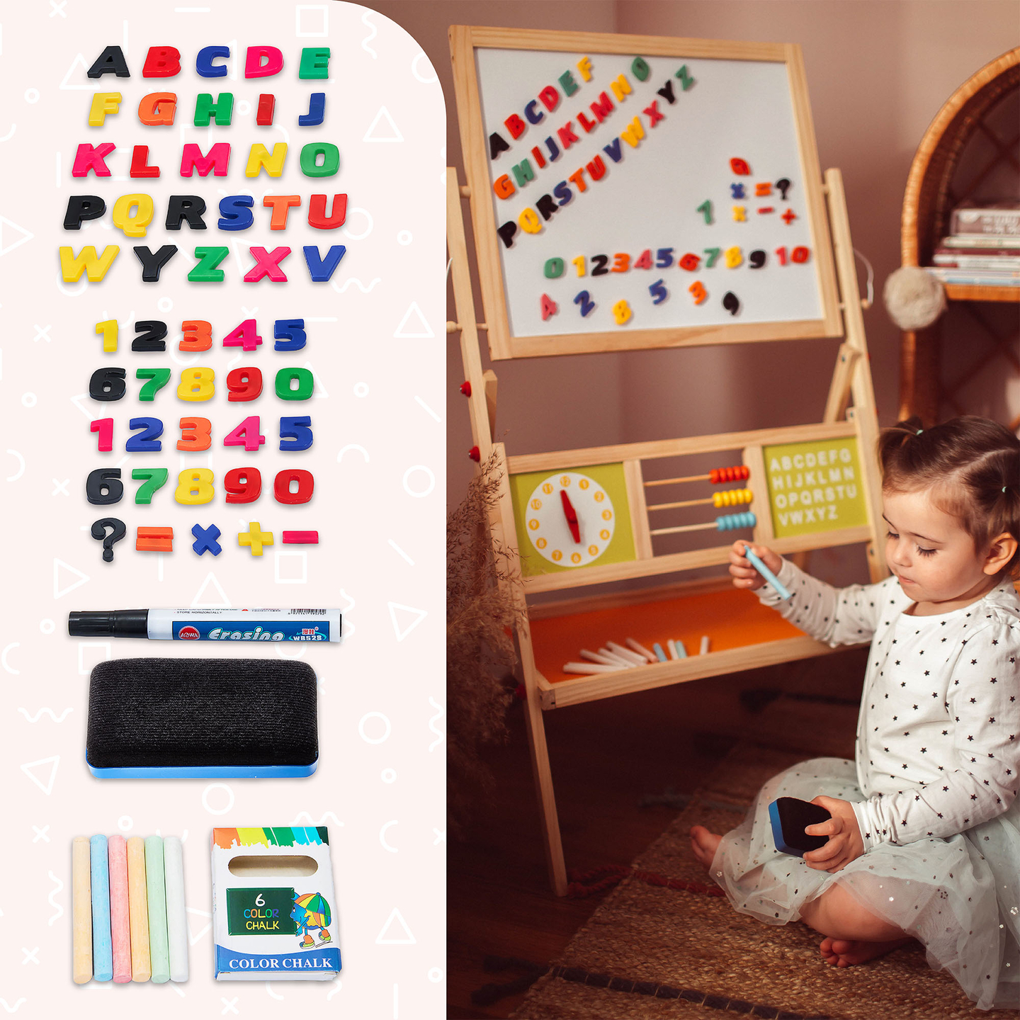 Nagy oktatási kétoldalas tábla: mágneses és krétatábla - száraz radír tábla, fa