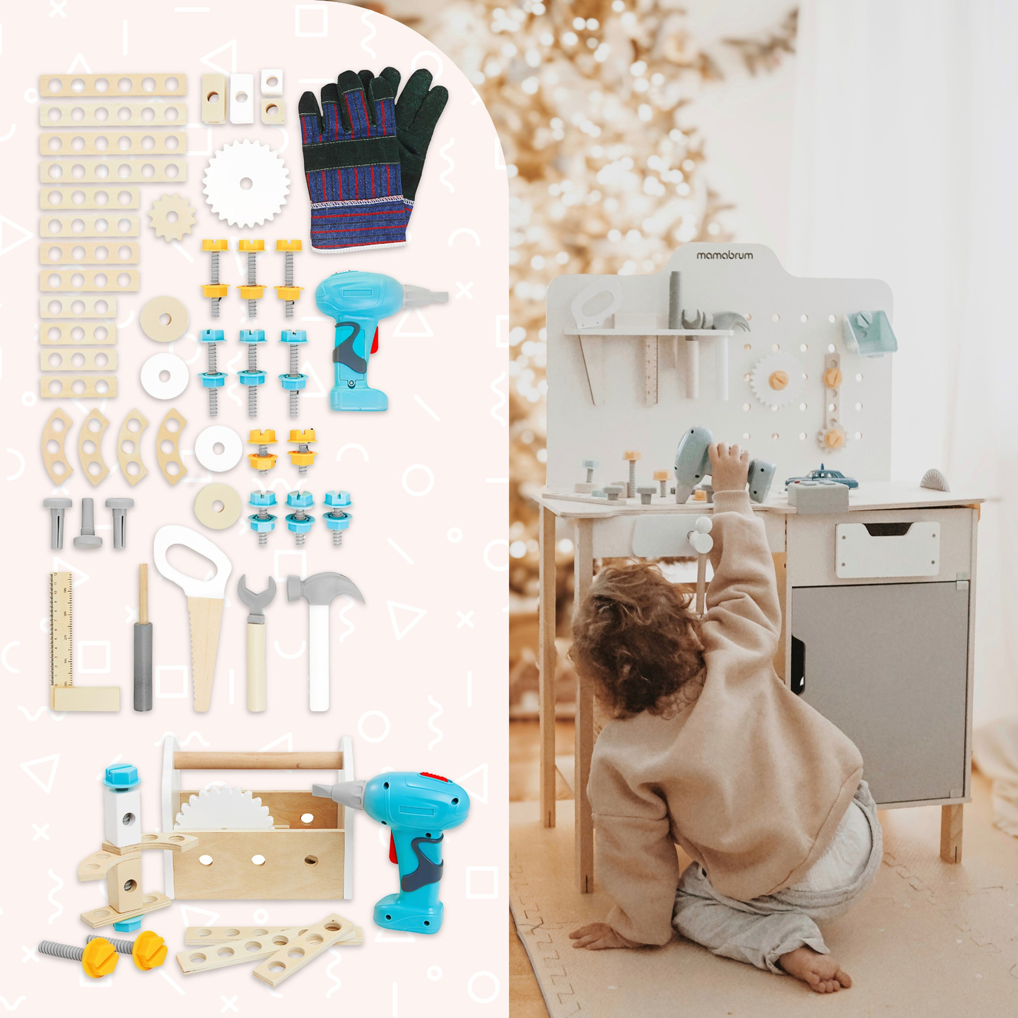 XXL nagy fa műhely szerszámokkal - barkácskészlet, 74 elemmel