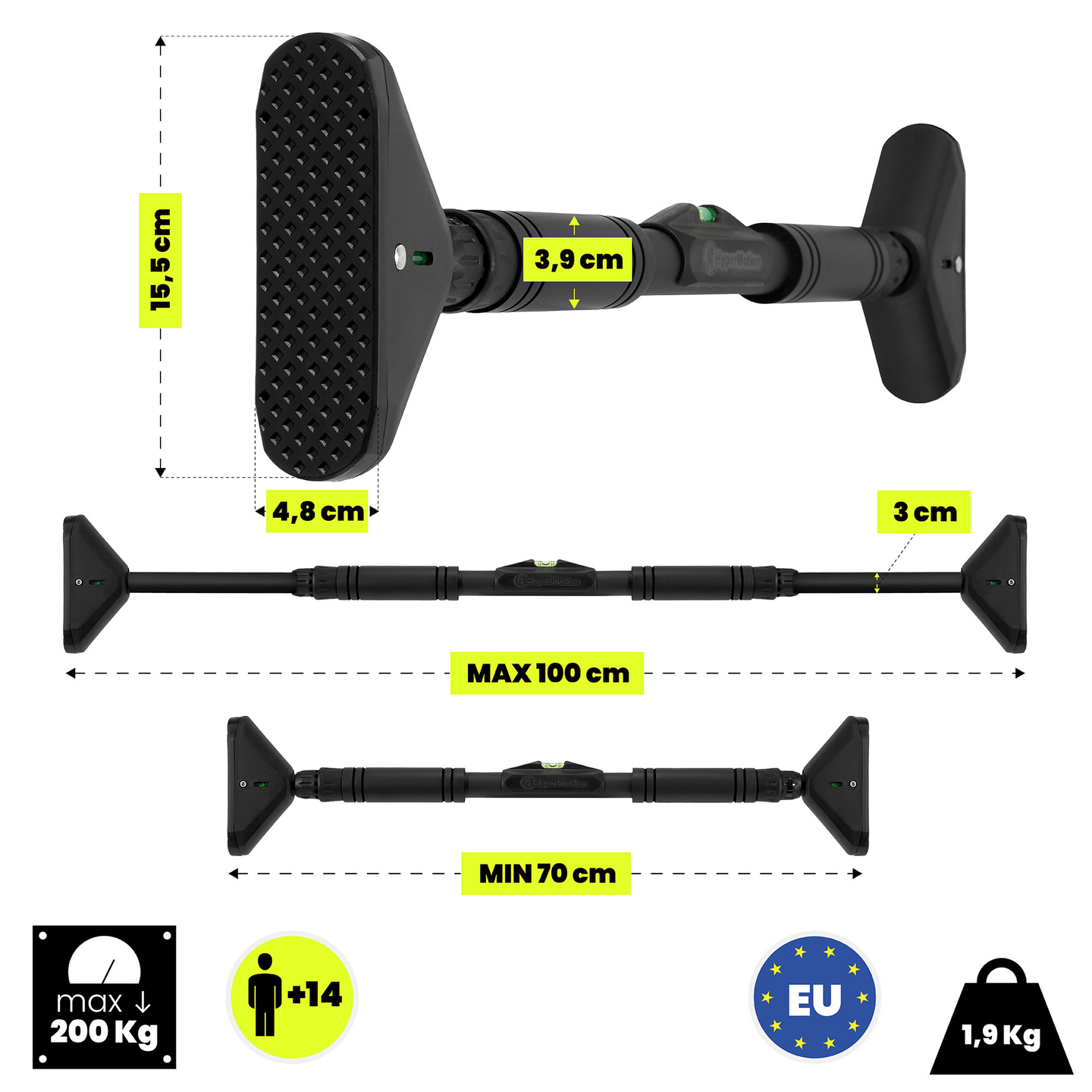 HyperMotion állítható húzódzkodó rúd 70–100 cm, 200 kg, fekete