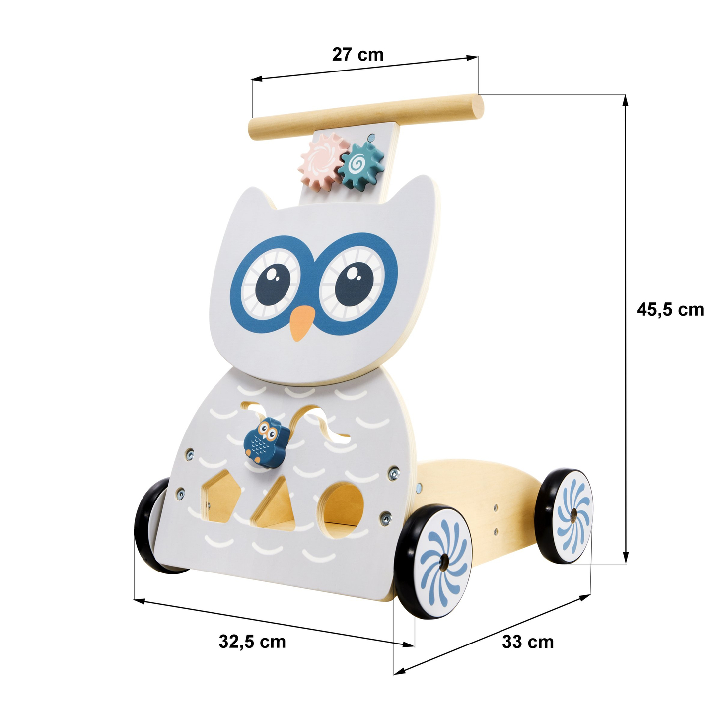 Fából készült multifunkciós járókeret - tolókocsi - babakocsi blokkokkal - Bagoly
