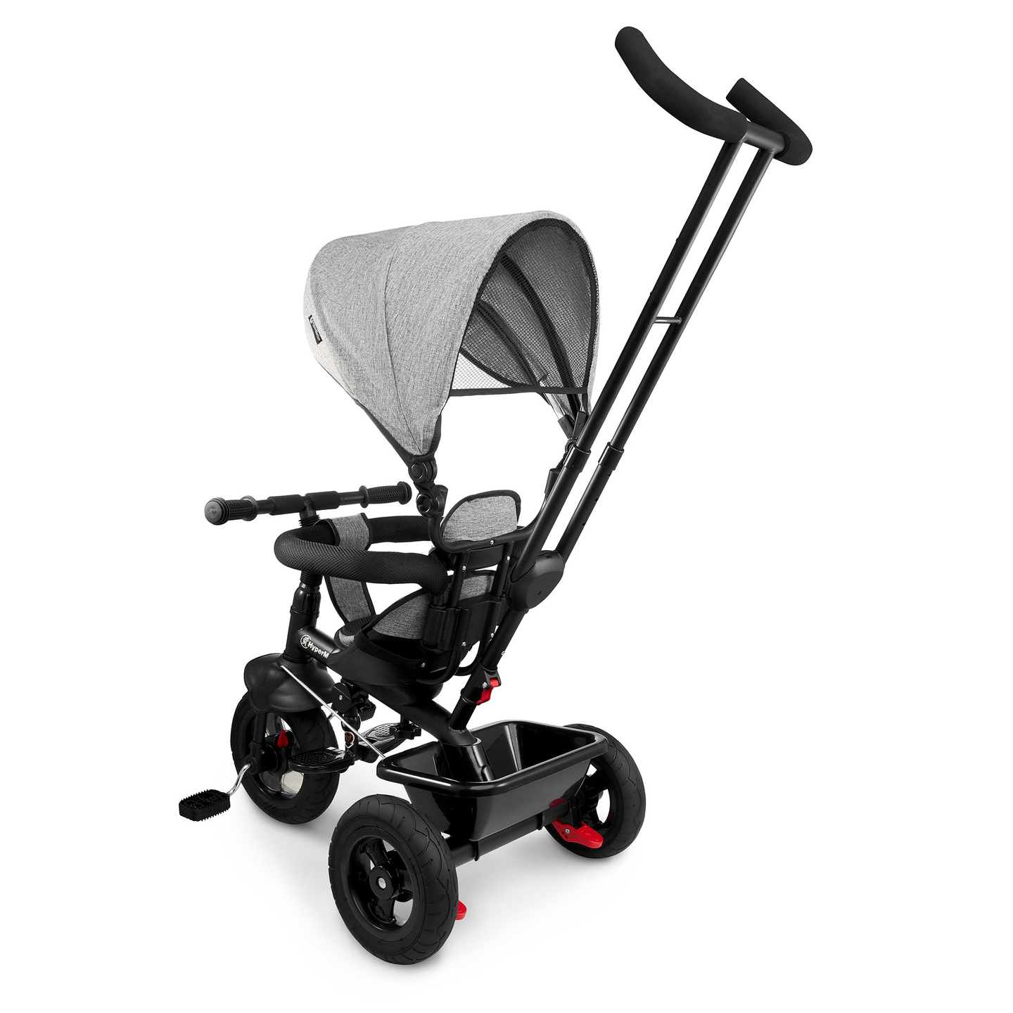 Háromkerekű gyerekeknek 1-4 éves korig - TOBI FREY - szürke színű - forgatható - pumpás kerekek + tolóerő