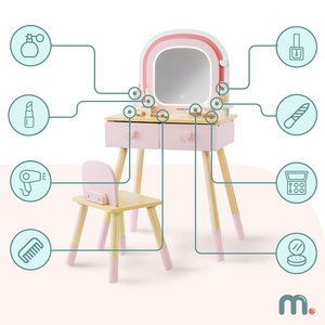 Fa fésülködőasztal gyerekeknek LED világítással, fokozatmentes fényerő-szabályozással, székkel és kiegészítőkkel
