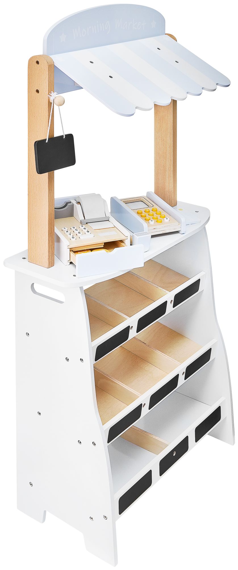 Zöldségbolt - fából készült bódé ládákkal, pénztárgéppel és terminállal