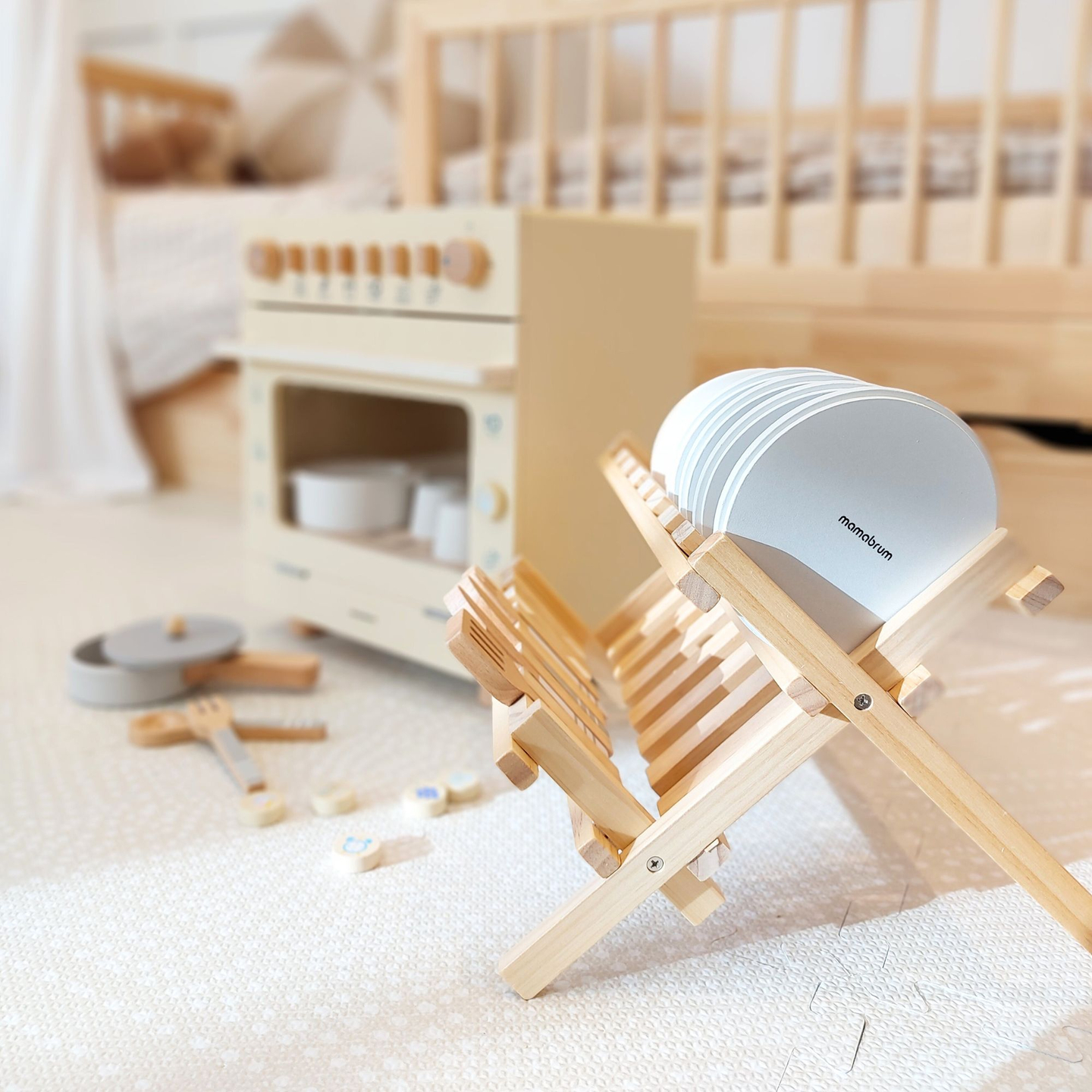 Fából készült konyhai tartozékok edényszárítóval - készlet gyerekeknek