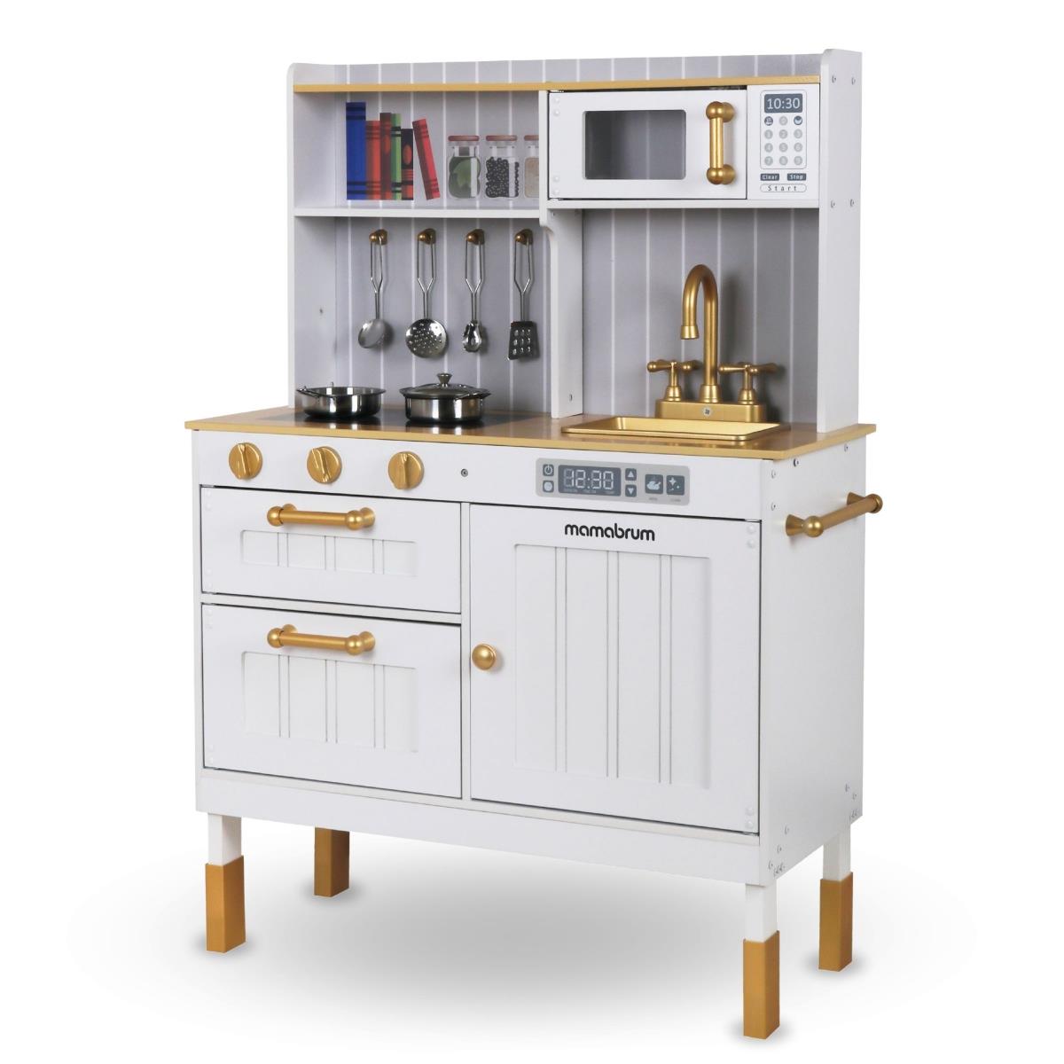 Fehér fa konyha kiegészítőkkel és köténnyel