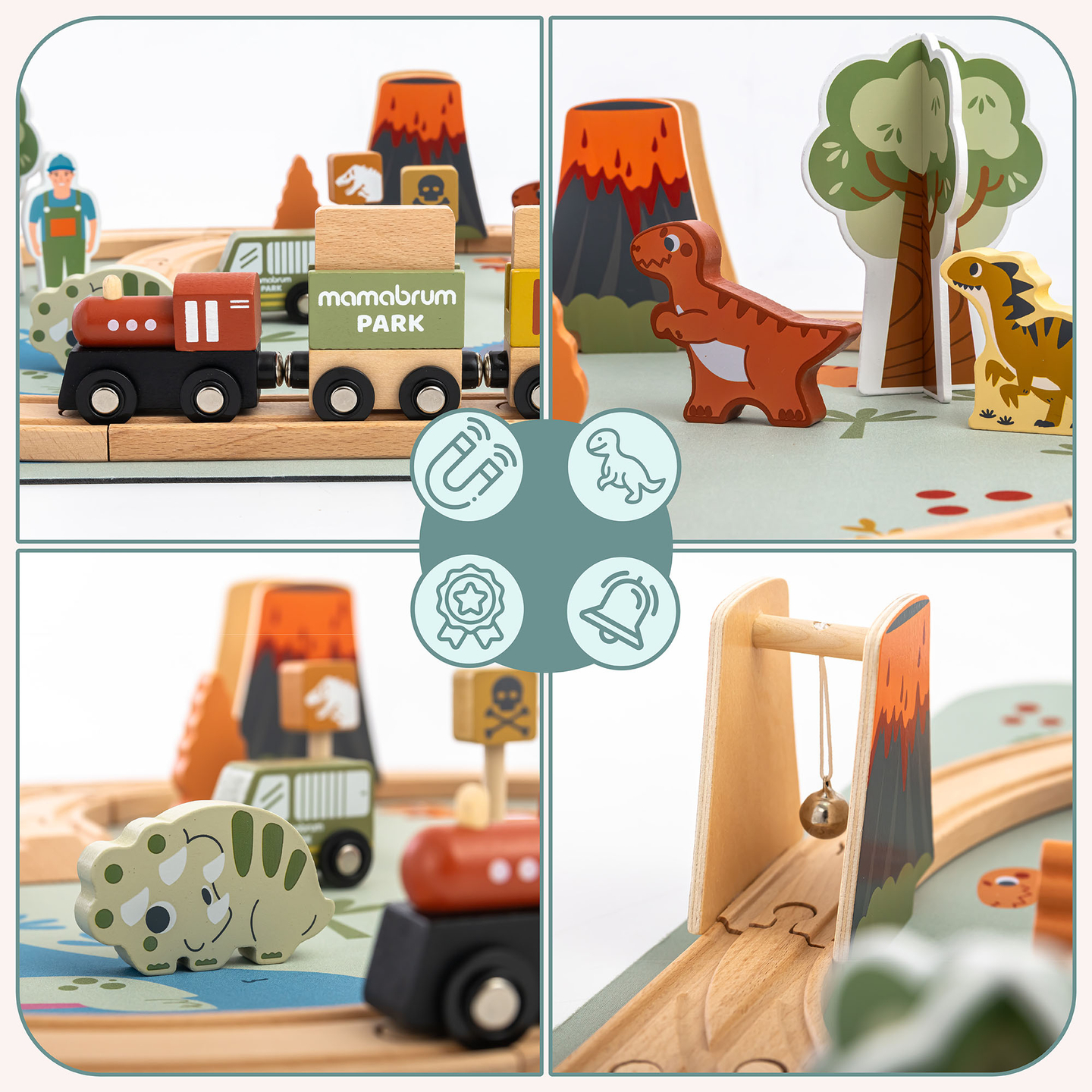 Dino Park fa vonat csúszásgátló szőnyeggel - dinoszauruszok, vonat, sínek, vulkán, harang