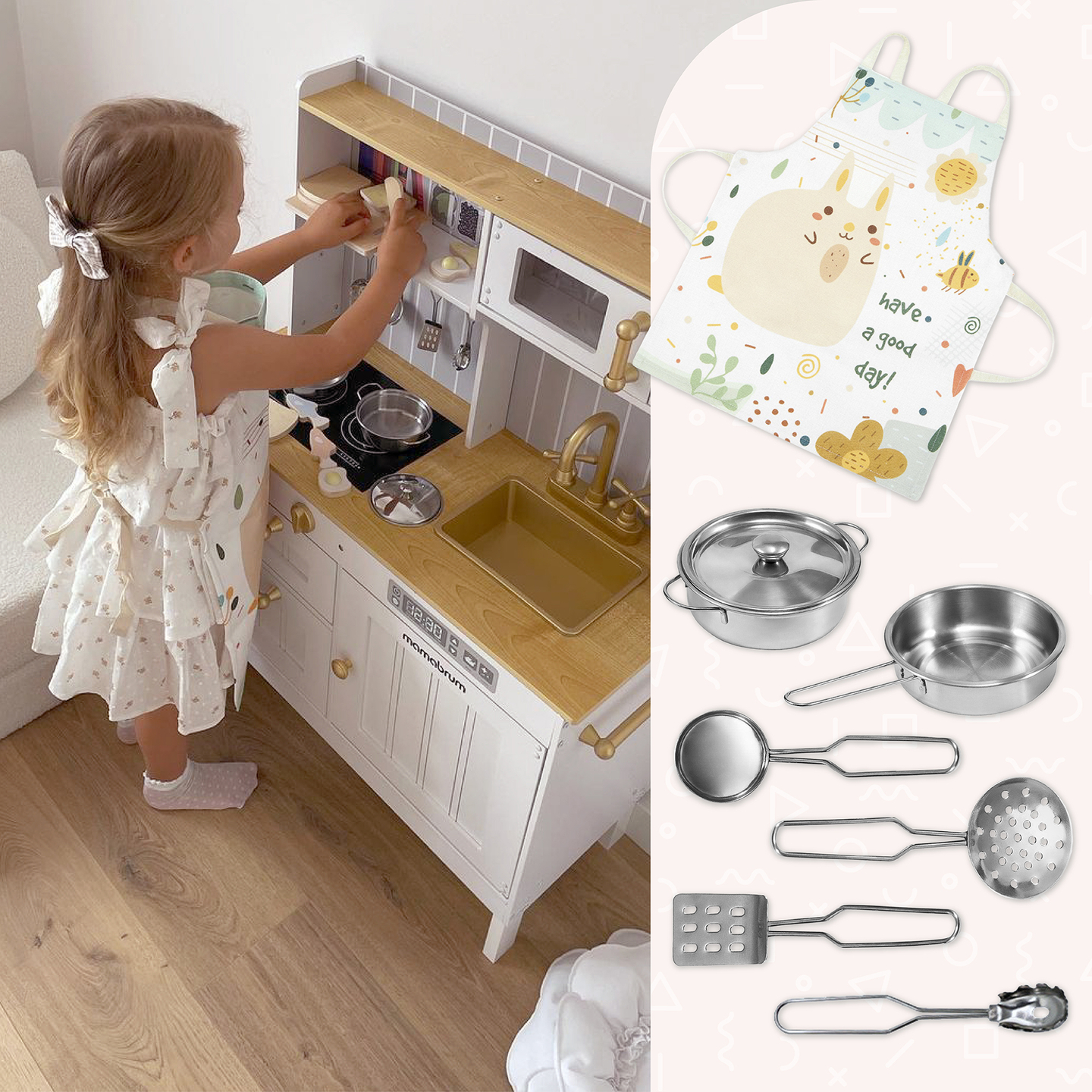 Fehér fa konyha kiegészítőkkel és köténnyel