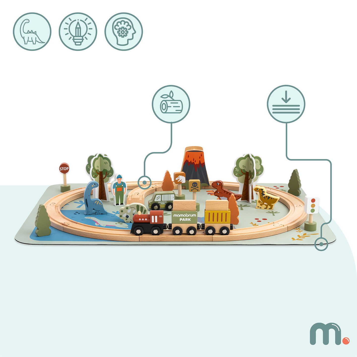 Dino Park fa vonat csúszásgátló szőnyeggel - dinoszauruszok, vonat, sínek, vulkán, harang