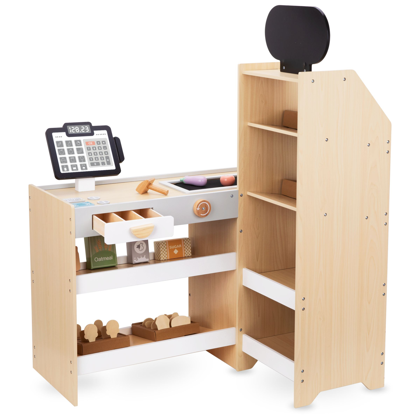 Fából készült zöldségpiac - nagy XXL bódé, bolt játék pénztárgéppel