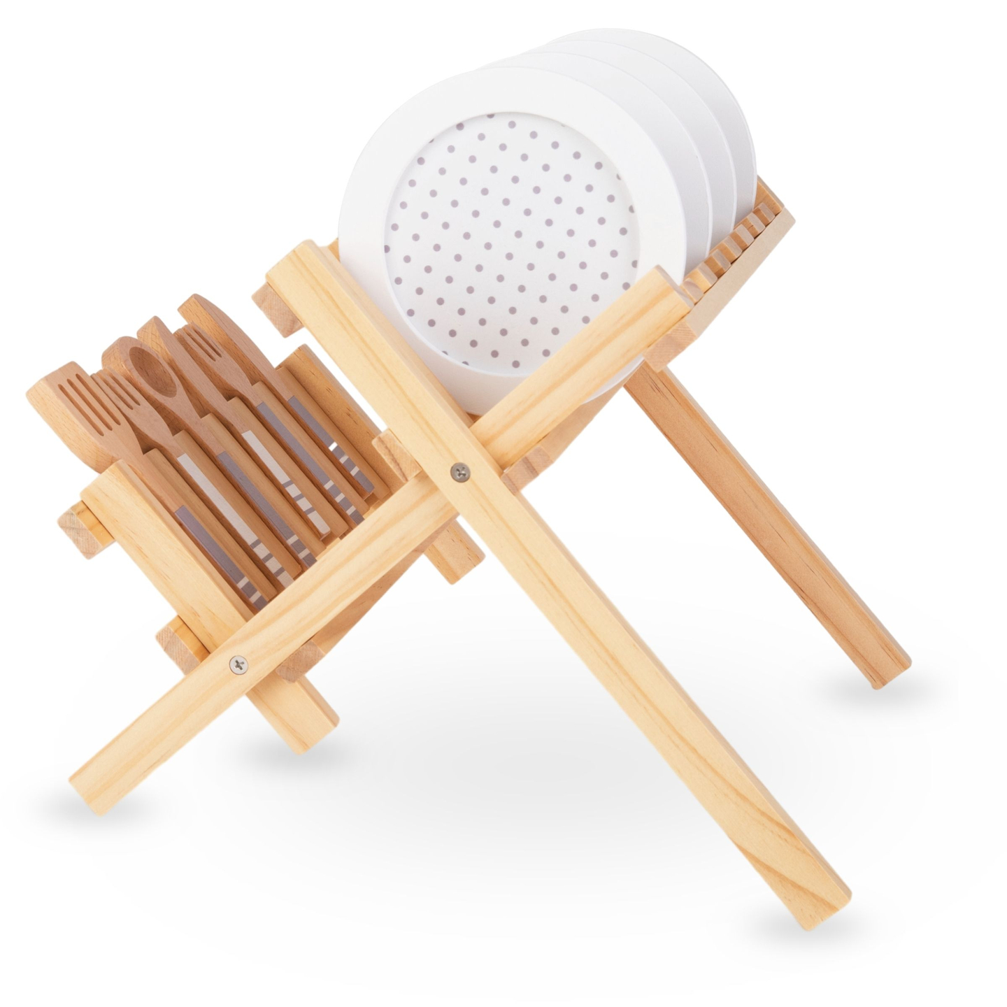 Fából készült konyhai tartozékok edényszárítóval - készlet gyerekeknek