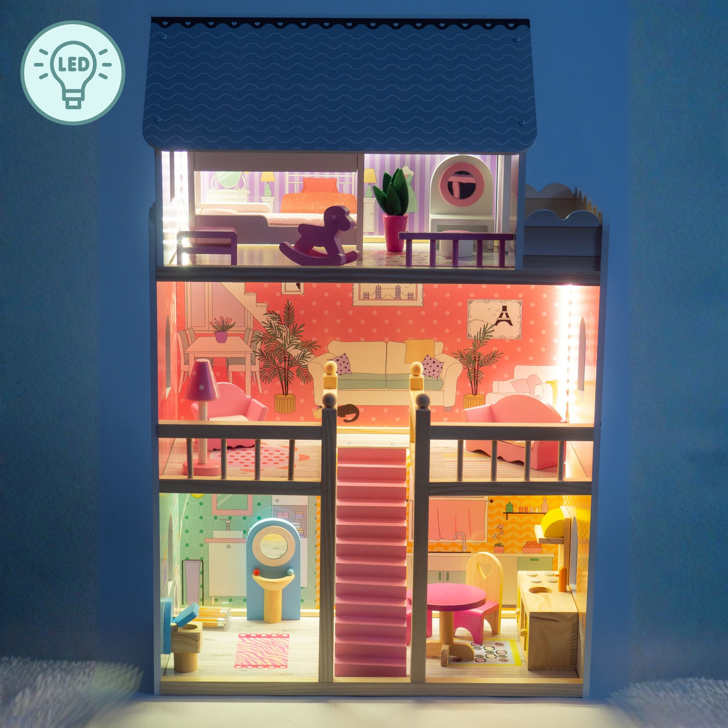 Nagyméretű, 3 szintes, fából készült babaház terasszal, bútorszettel és LED világítással!