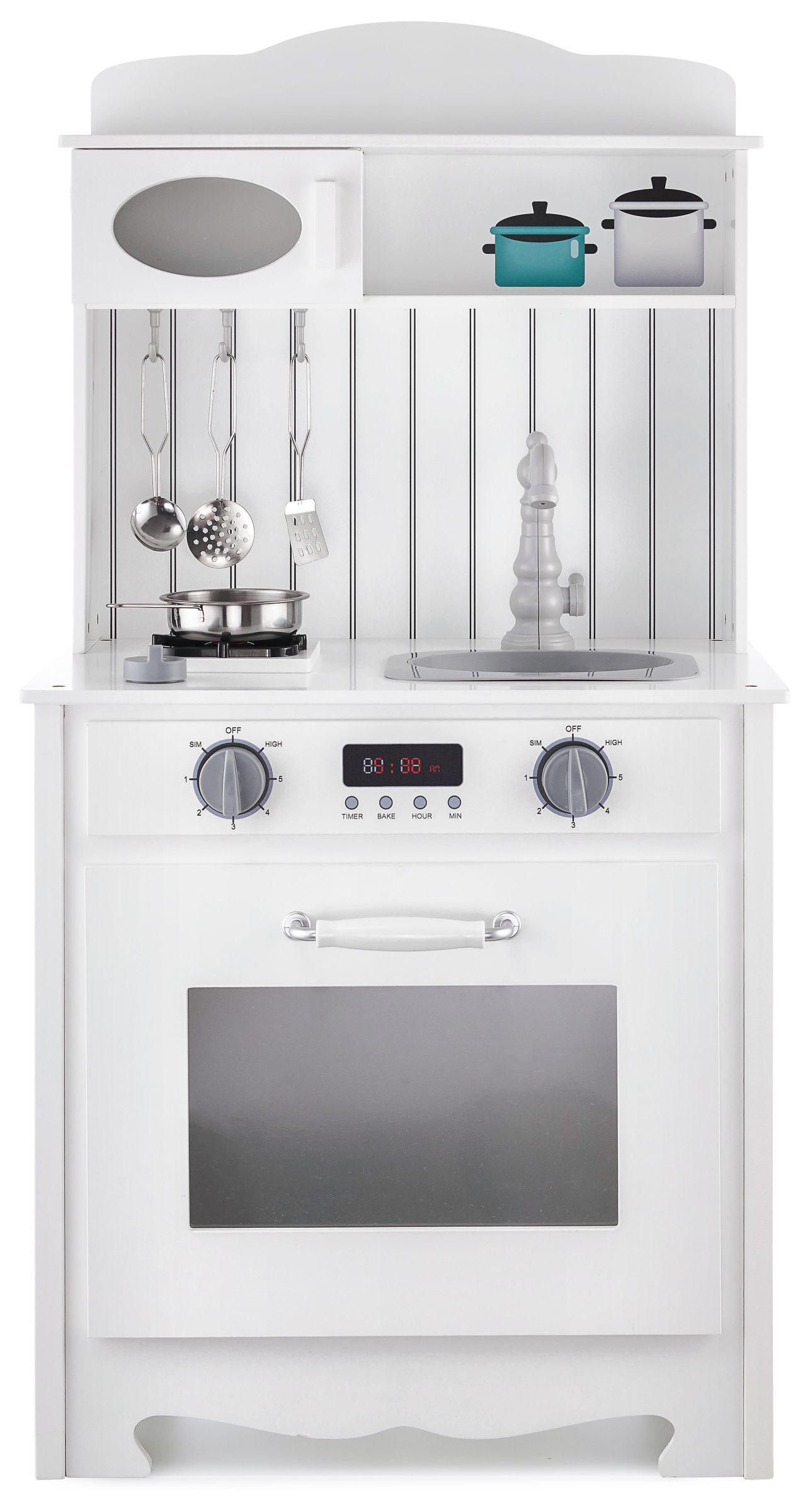 Fehér fa konyha köténnyel, kiegészítőkkel és LED lámpával