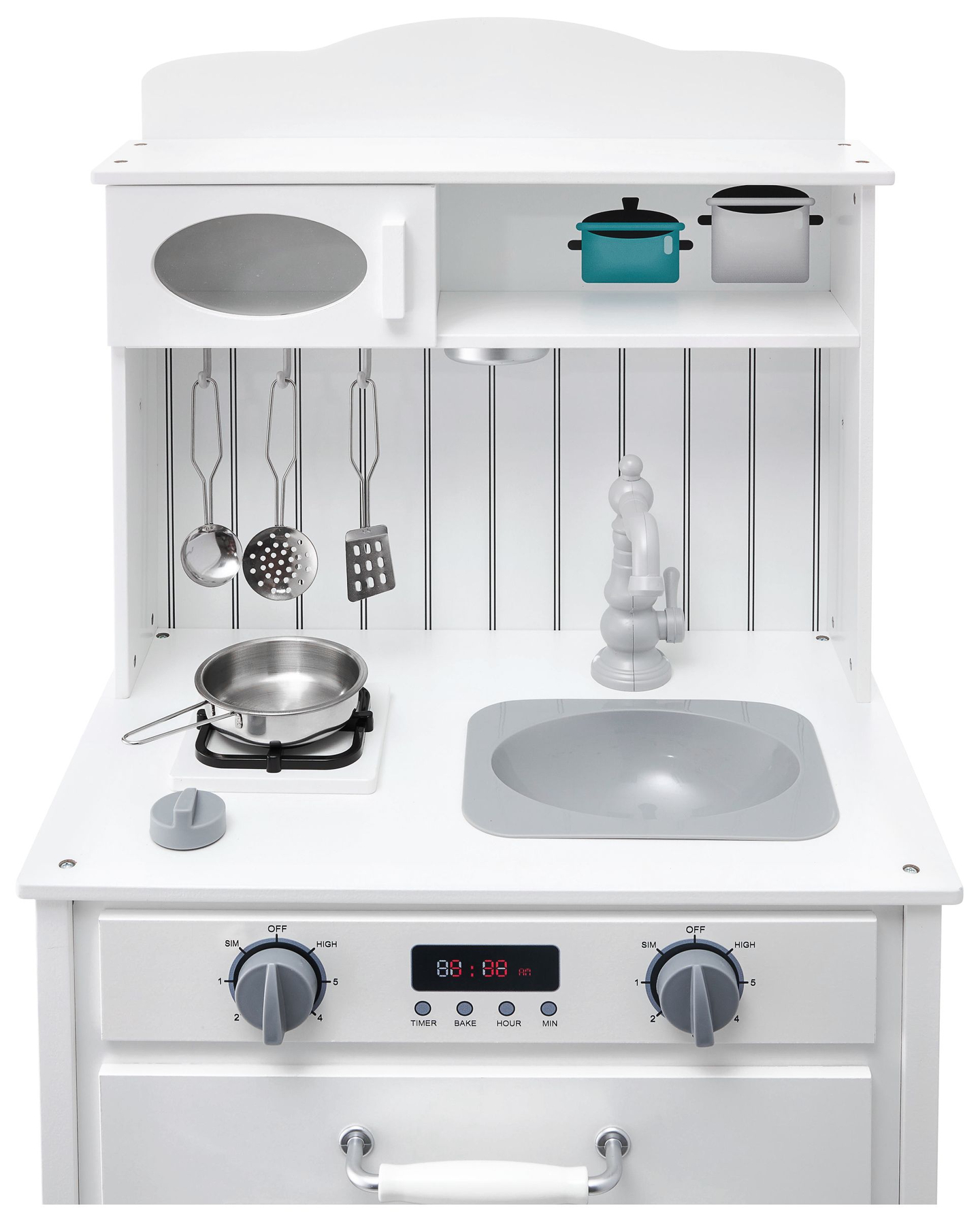 Fehér fa konyha köténnyel, kiegészítőkkel és LED lámpával