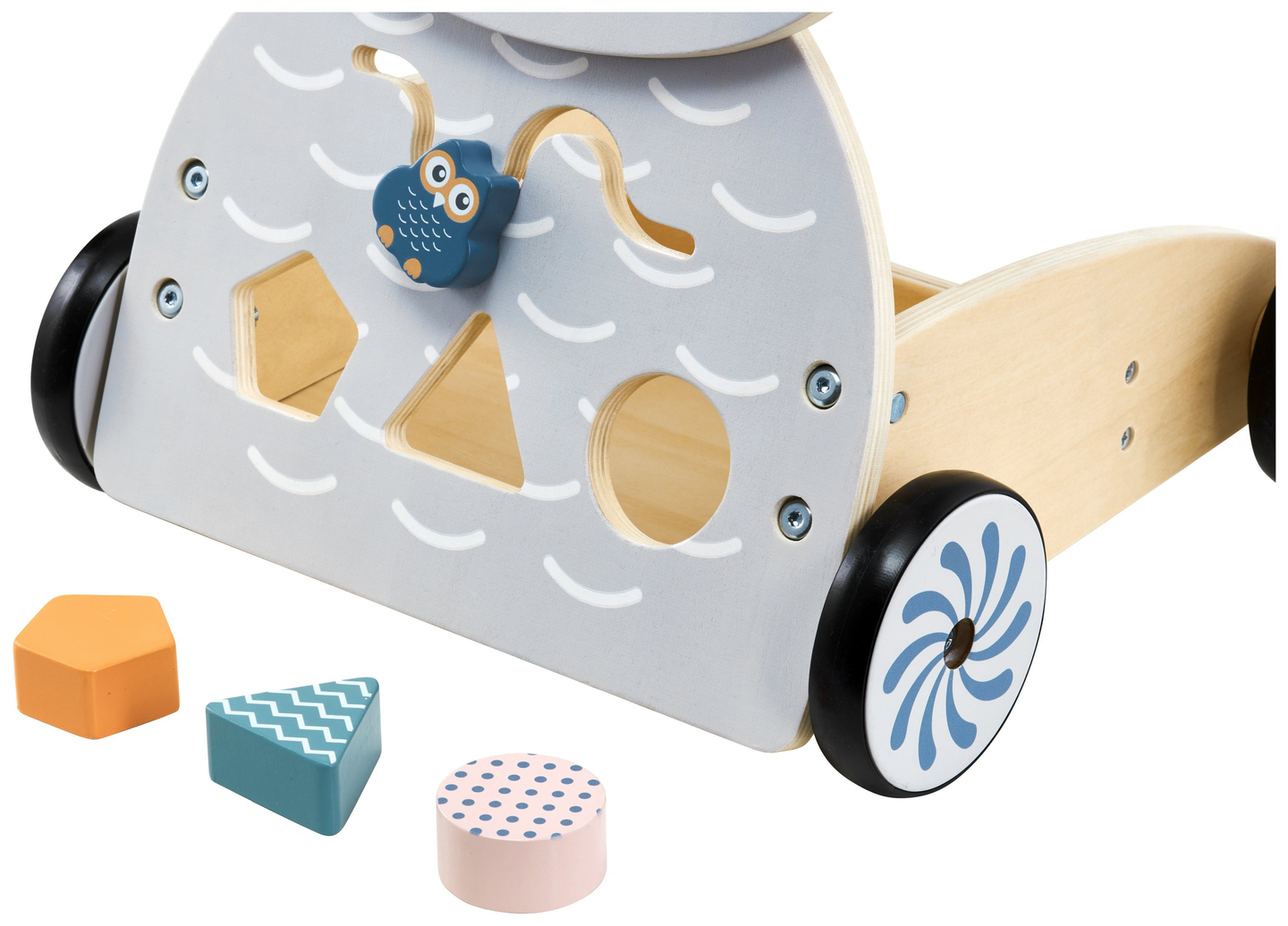 Fából készült multifunkciós járókeret - tolókocsi - babakocsi blokkokkal - Bagoly