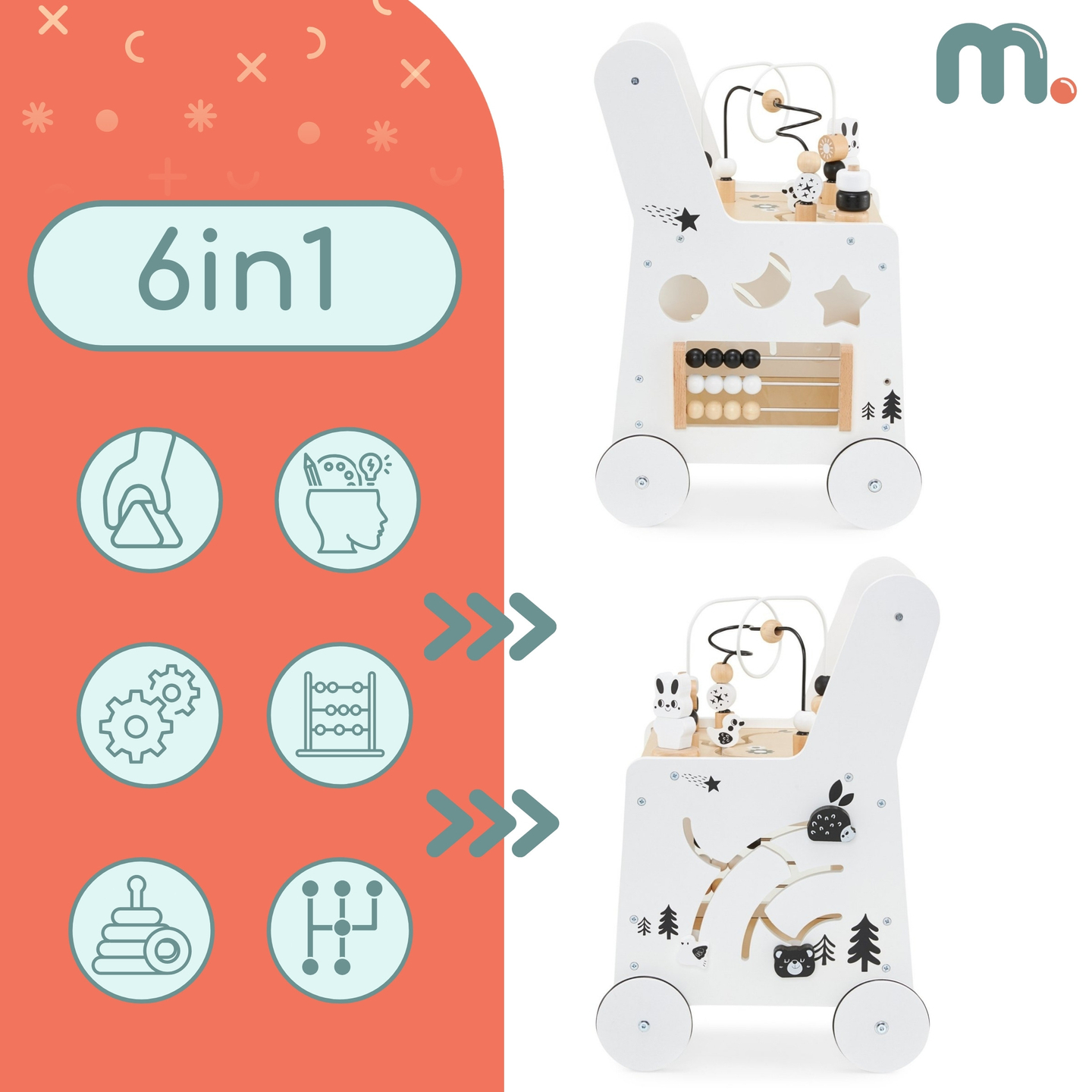 6in1 fából készült babakocsi, járókeret tanulási asztal funkcióval