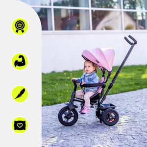 Háromkerekű gyerekeknek 1-4 éves korig - TOBI FREY - rózsaszín szín - forgatható - pumpás kerekek + tolóerő