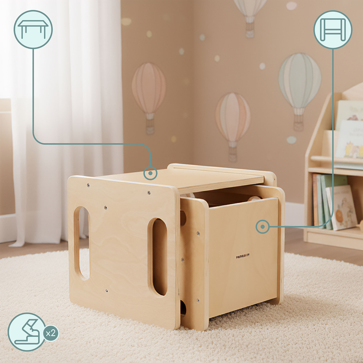 Fa asztal és szék ugródeszka funkcióval – multifunkcionális Montessori szett gyerekeknek