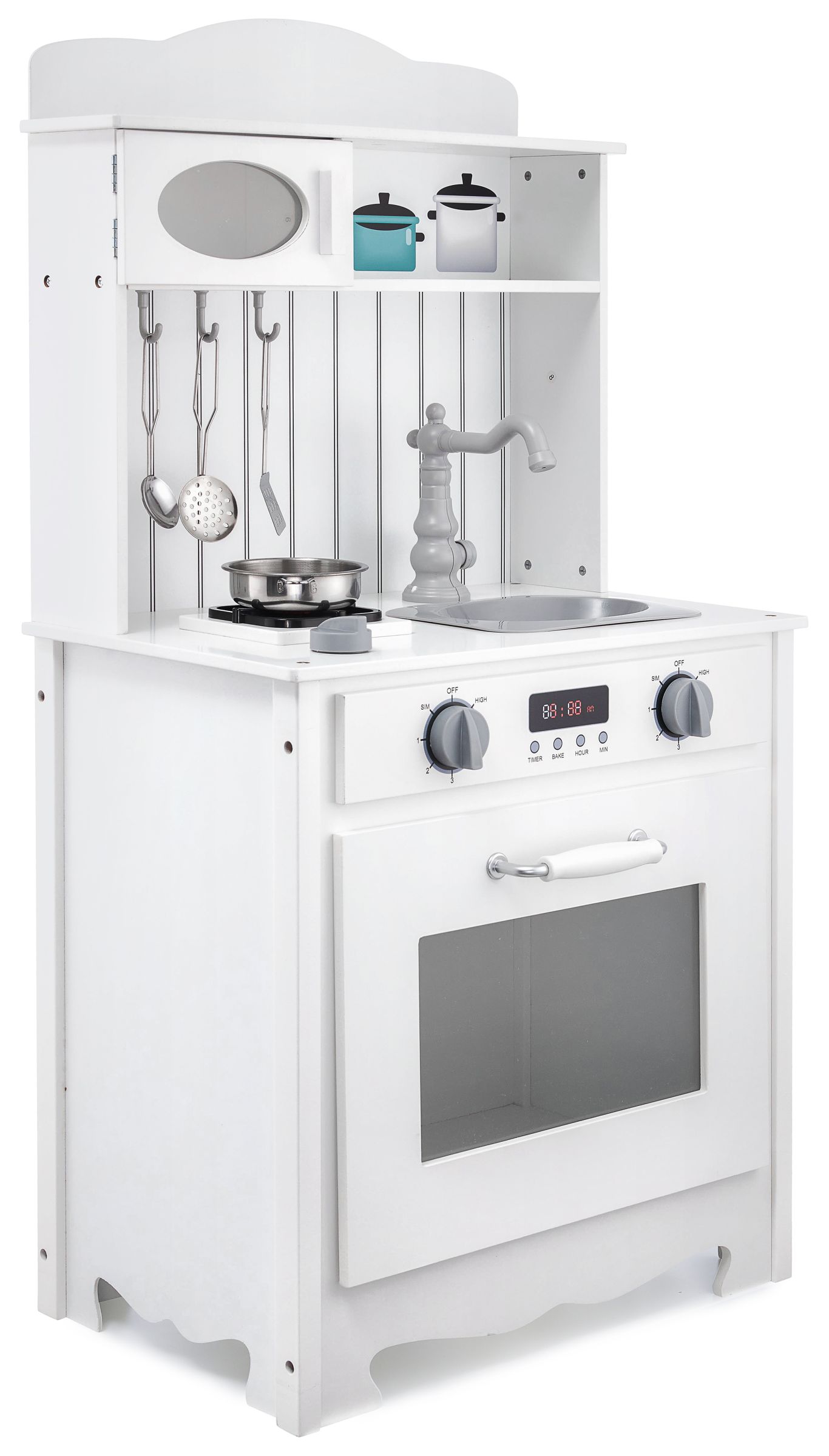 Fehér fa konyha köténnyel, kiegészítőkkel és LED lámpával