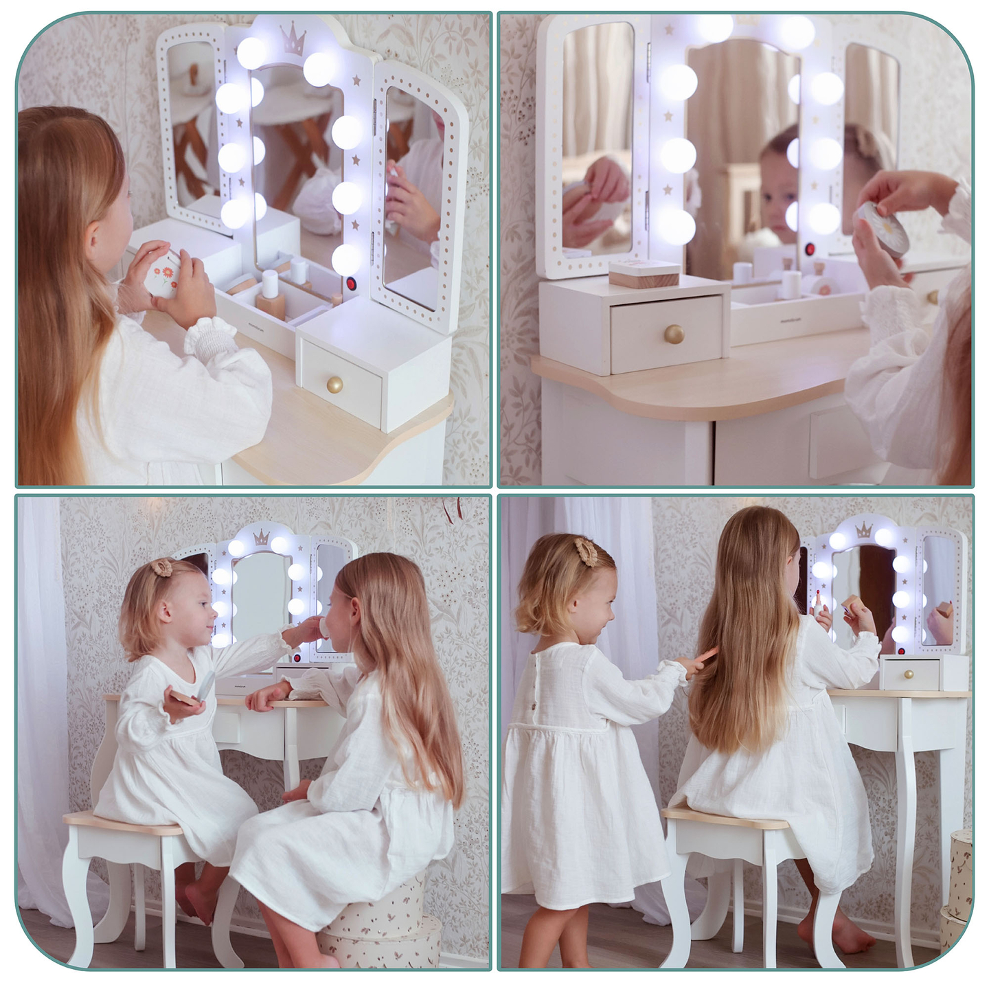 XXL fából készült öltözőasztal székkel és LED világítással gyerekeknek + tartozékok