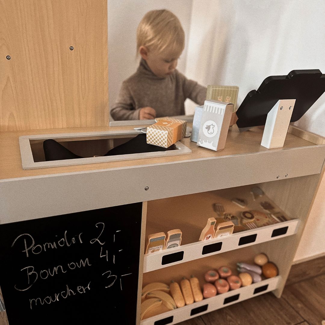 Fából készült zöldségpiac - nagy XXL bódé, bolt játék pénztárgéppel