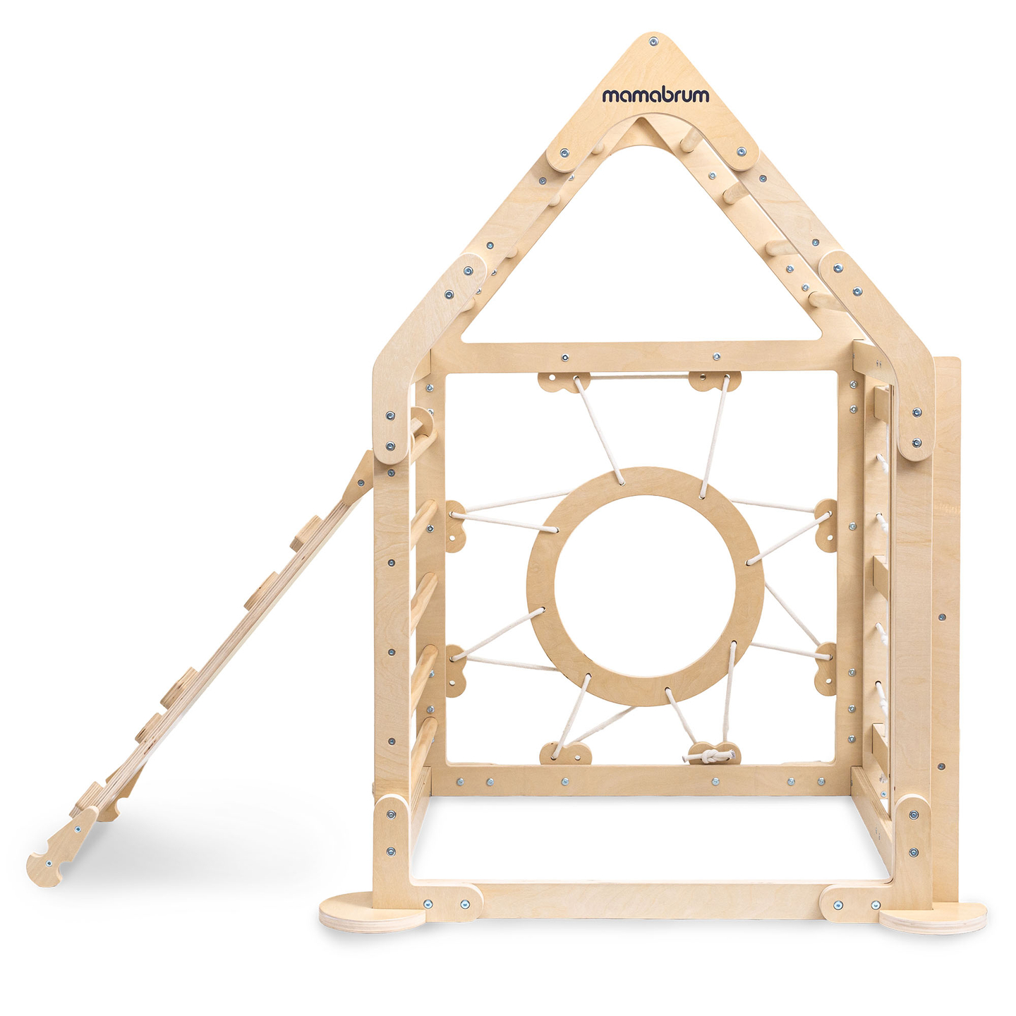 Fedett játszótér gyerekeknek - egy ház létrákkal és csúszdával