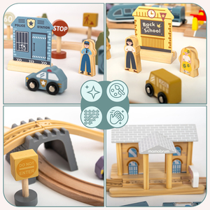 Fából készült városi vasút elektromos vonattal - mozgó daru, hajó, hidak