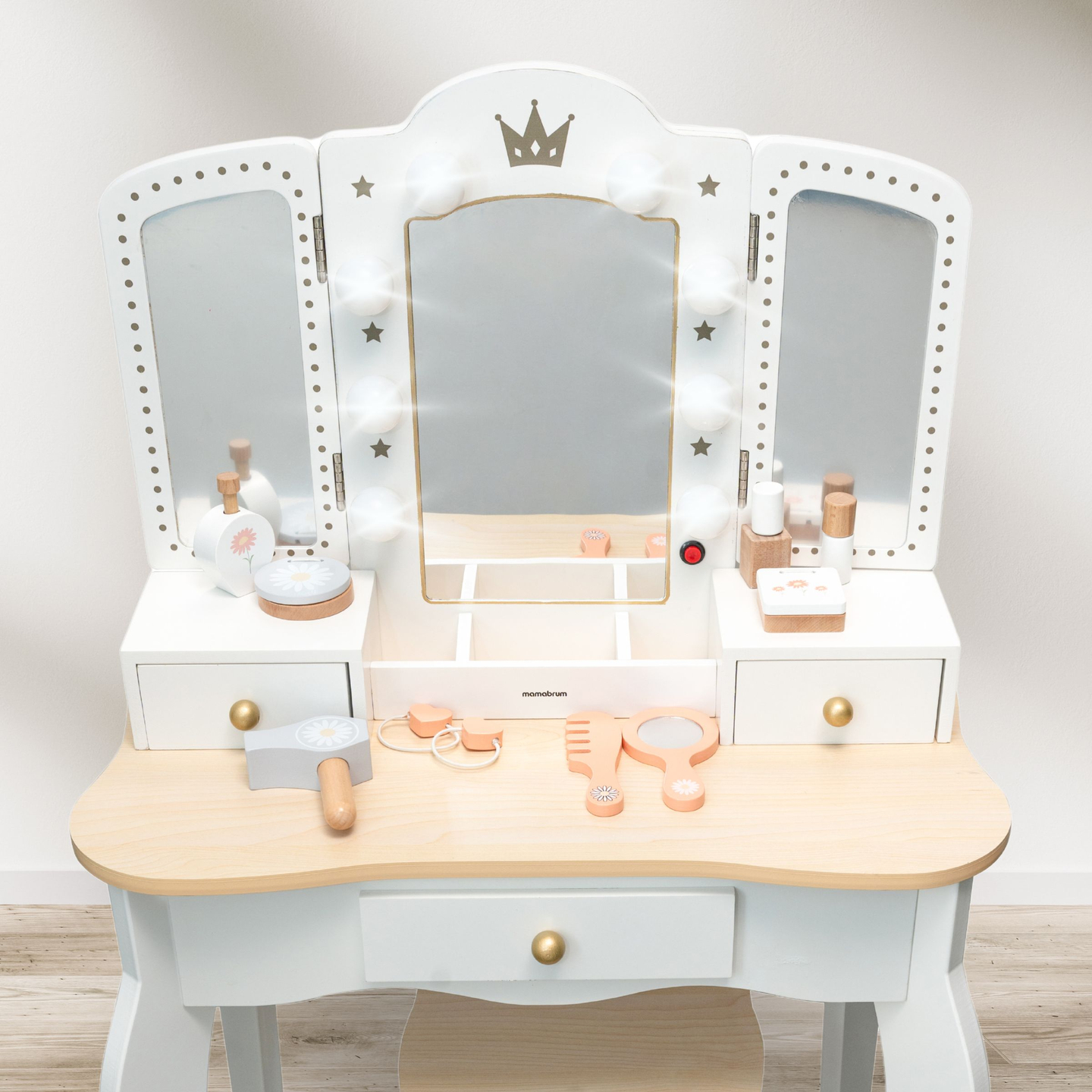 XXL fából készült öltözőasztal székkel és LED világítással gyerekeknek + tartozékok