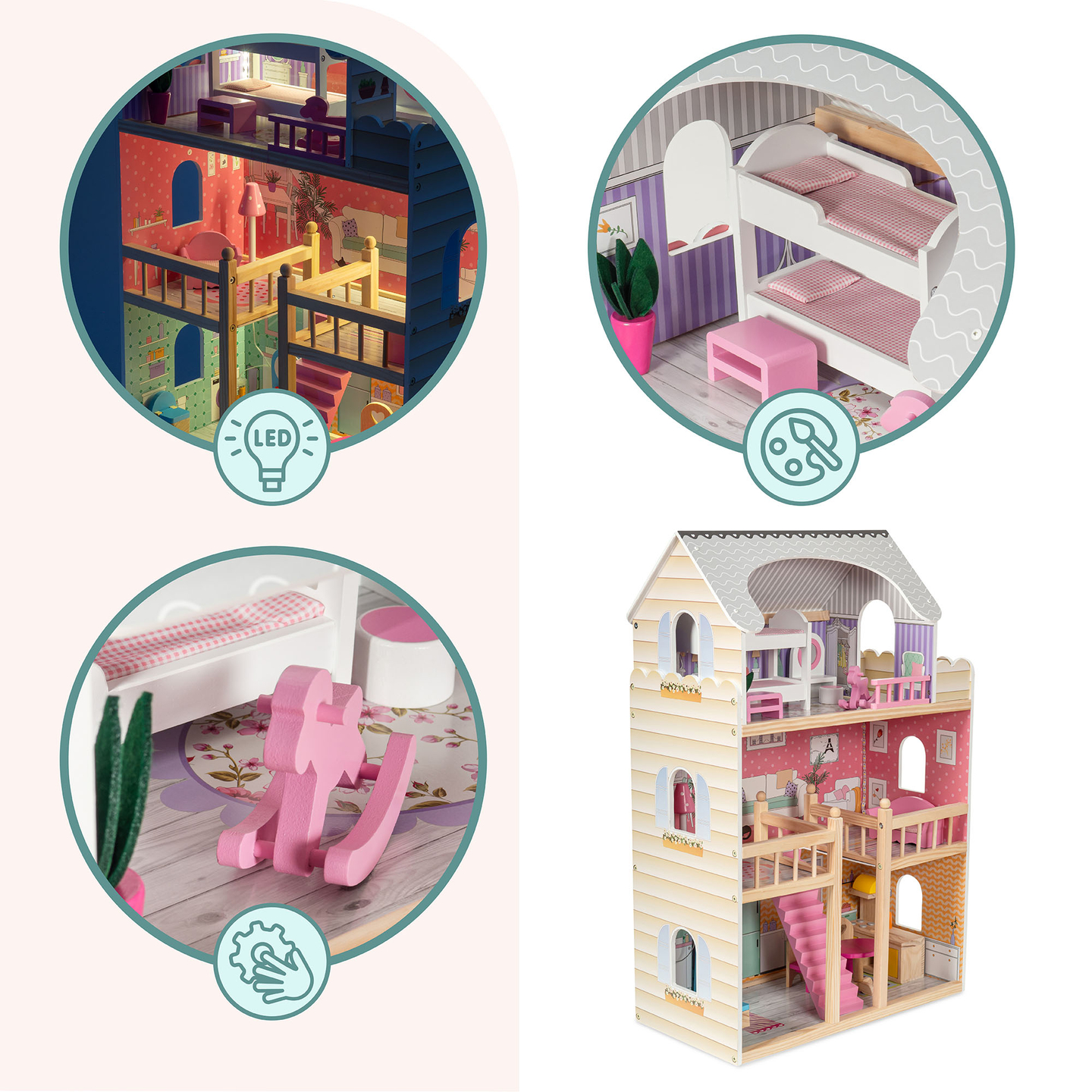 Nagyméretű, 3 szintes, fából készült babaház terasszal, bútorszettel és LED világítással!