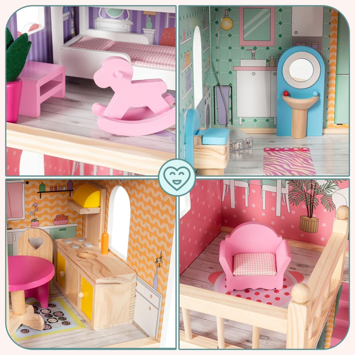 Nagyméretű, 3 szintes, fából készült babaház terasszal, bútorszettel és LED világítással!