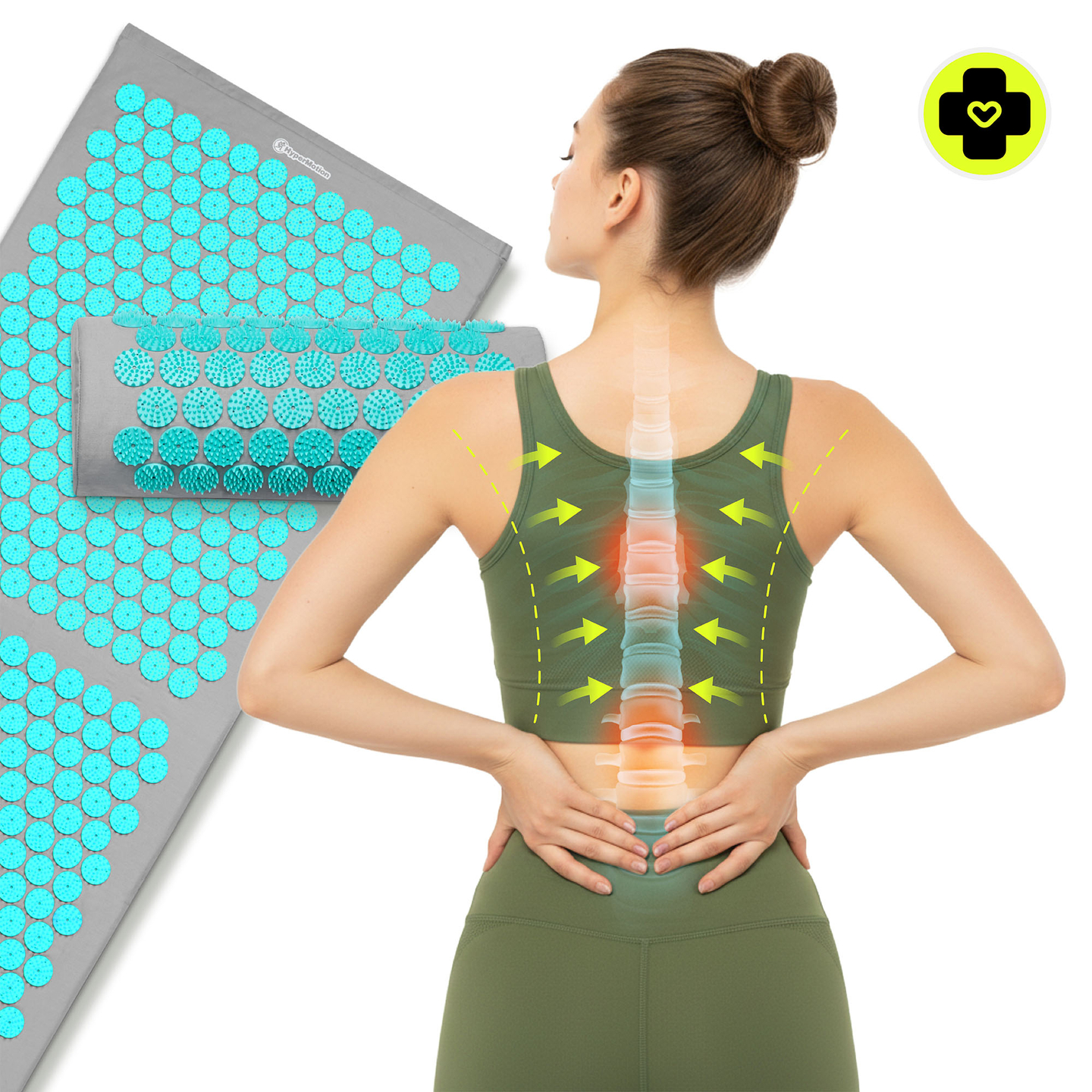 Nagy akupresszúrás szőnyeg párnával és huzattal - 130 cm HyperMotion szürke-menta