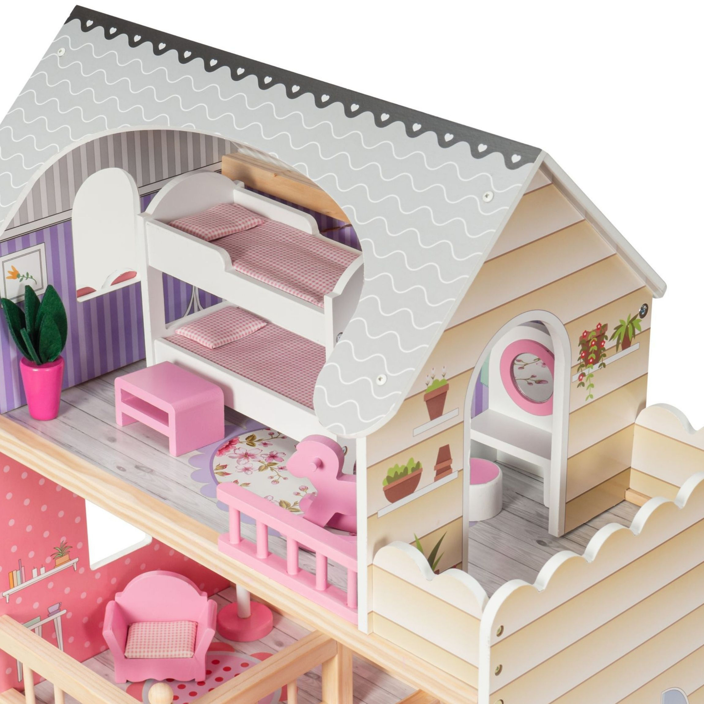 Nagyméretű, 3 szintes, fából készült babaház terasszal, bútorszettel és LED világítással!