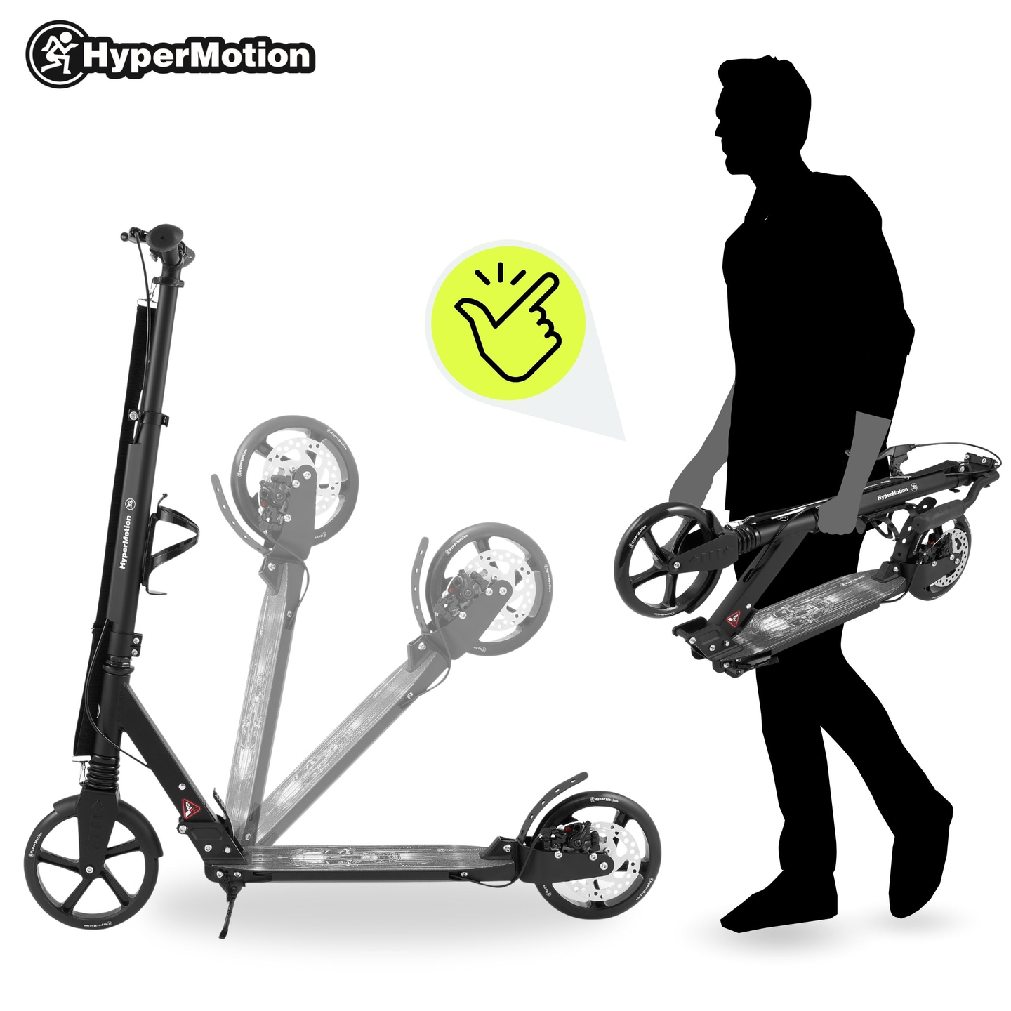 Kétkerekű robogó fiatal felnőtteknek - lengéscsillapítóval - HyperMotion Skyline - fekete, alumínium - 100kg