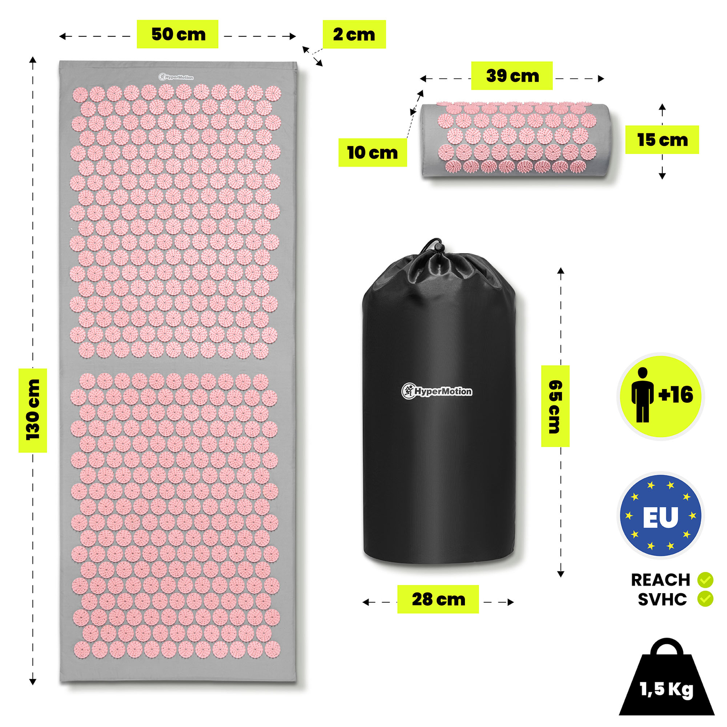 Nagy akupresszúrás szőnyeg párnával és huzattal - 130 cm HyperMotion szürke és rózsaszín