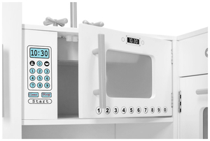 XXXL sarok fából készült konyha hűtőszekrénnyel, sütővel, mosógéppel, köténnyel és kiegészítőkkel