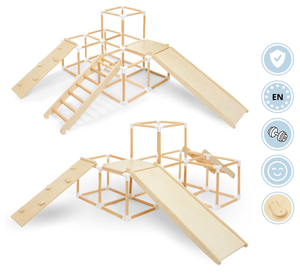 Nagy, fából készült, hazai XXL játszótér - csúszda, létra, mászófal, mászókockák