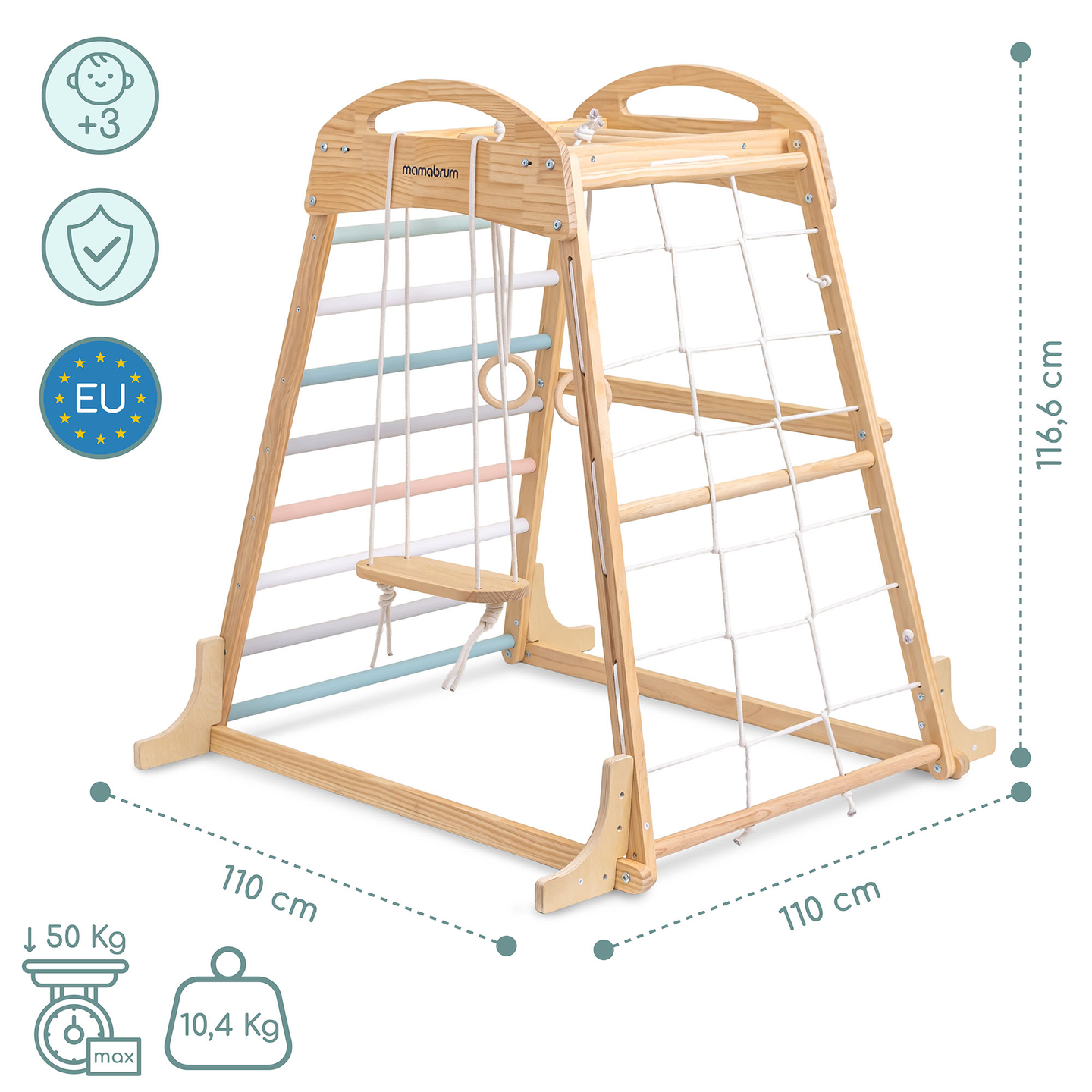 Fedett, fából készült játszótér hintával, tornagyűrűkkel és mászóhálóval
