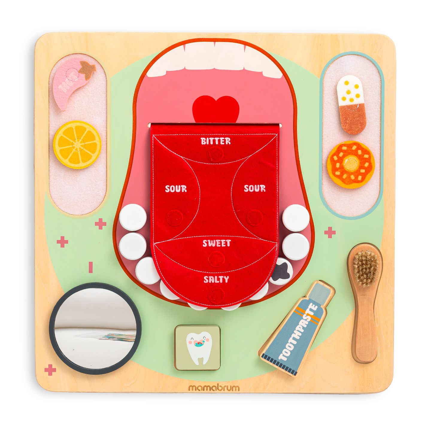 Montessori fa oktatótábla kis fogorvosnak - fogkefe, fogkrém, kivehető fogak, tükör, étel, ízek tanulása