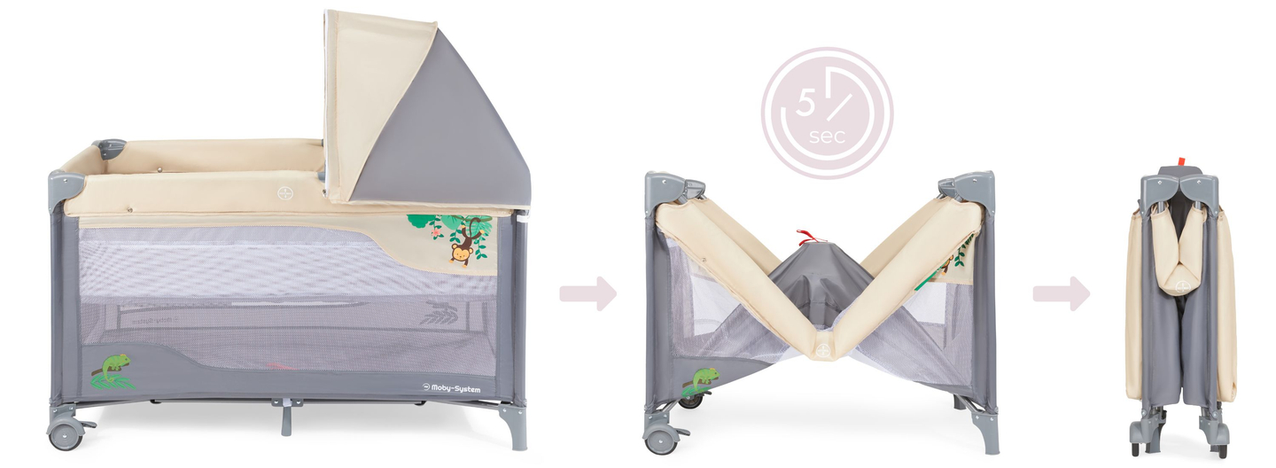 Utazóágy 0 - 36 m pelenkázóasztallal + Moby-System HUXLEY járóka