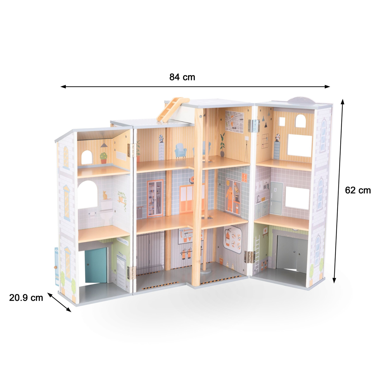 Nagy összecsukható tűzoltóállomás rendőrőrssel - fából készült készlet. Tűzoltóállomás és rendőrőrs tartozékokkal.
