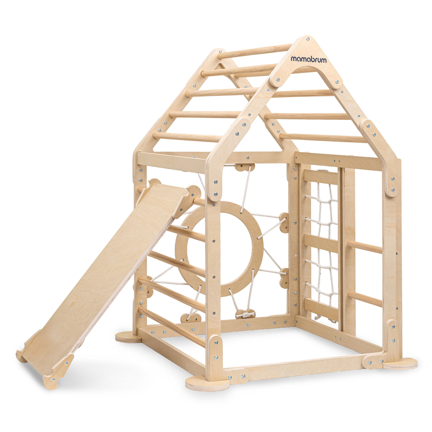 Fedett játszótér gyerekeknek - egy ház létrákkal és csúszdával